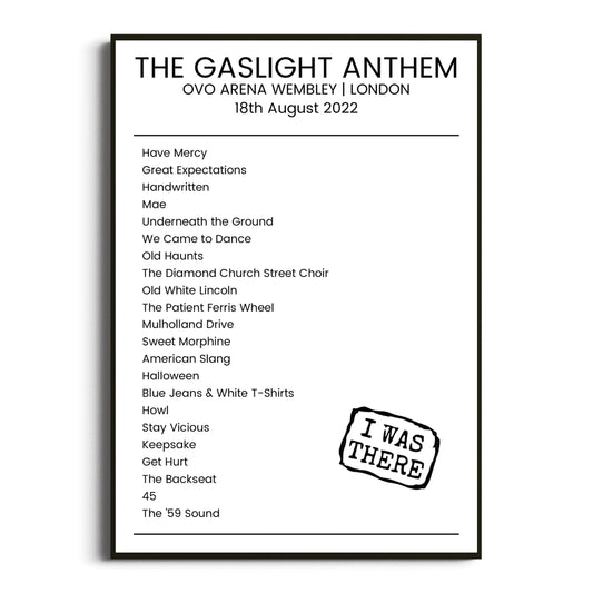 The Gaslight Anthem London 18 August 2022 Setlist Poster