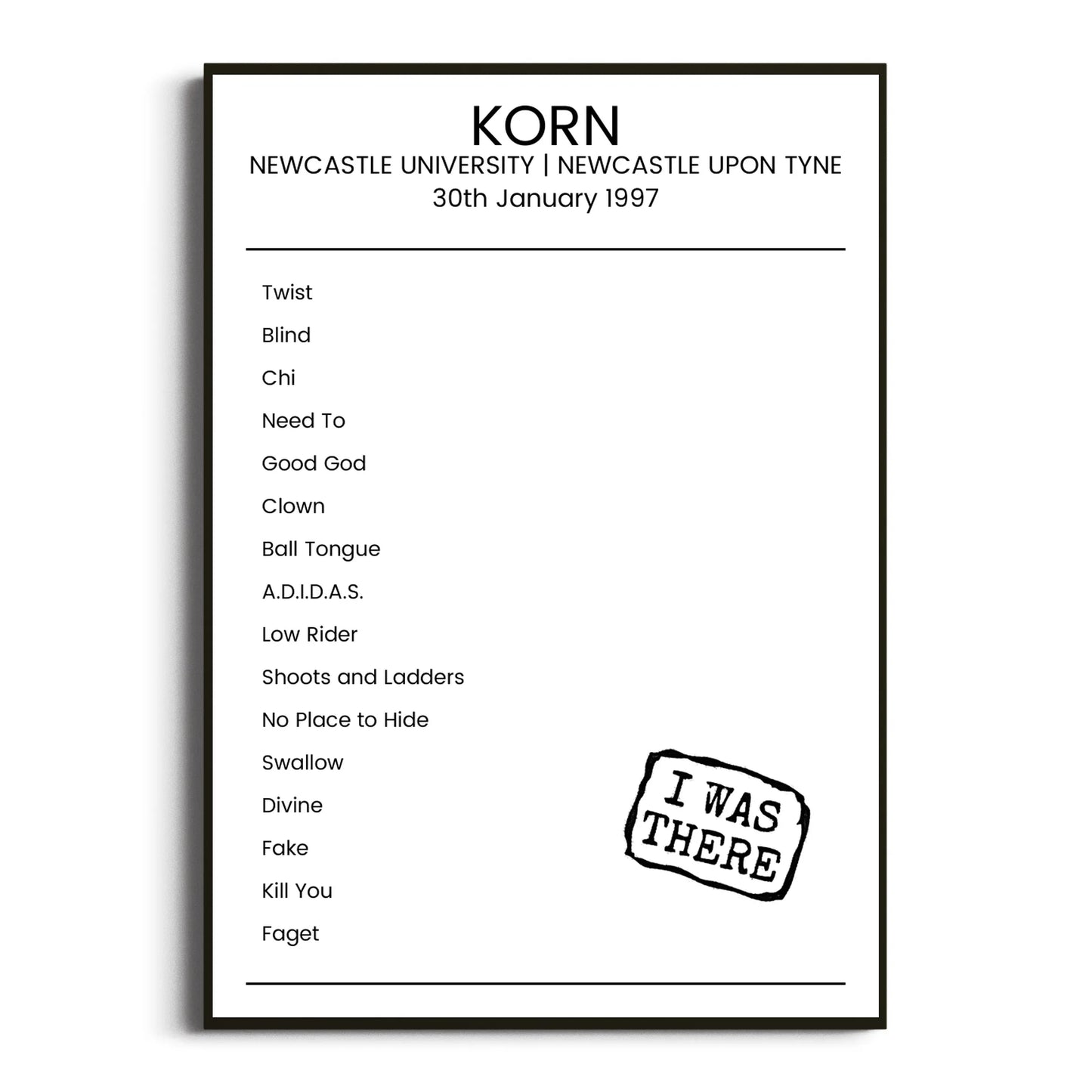 Korn Newcastle upon Tyne 30 January 1997 Setlist Poster