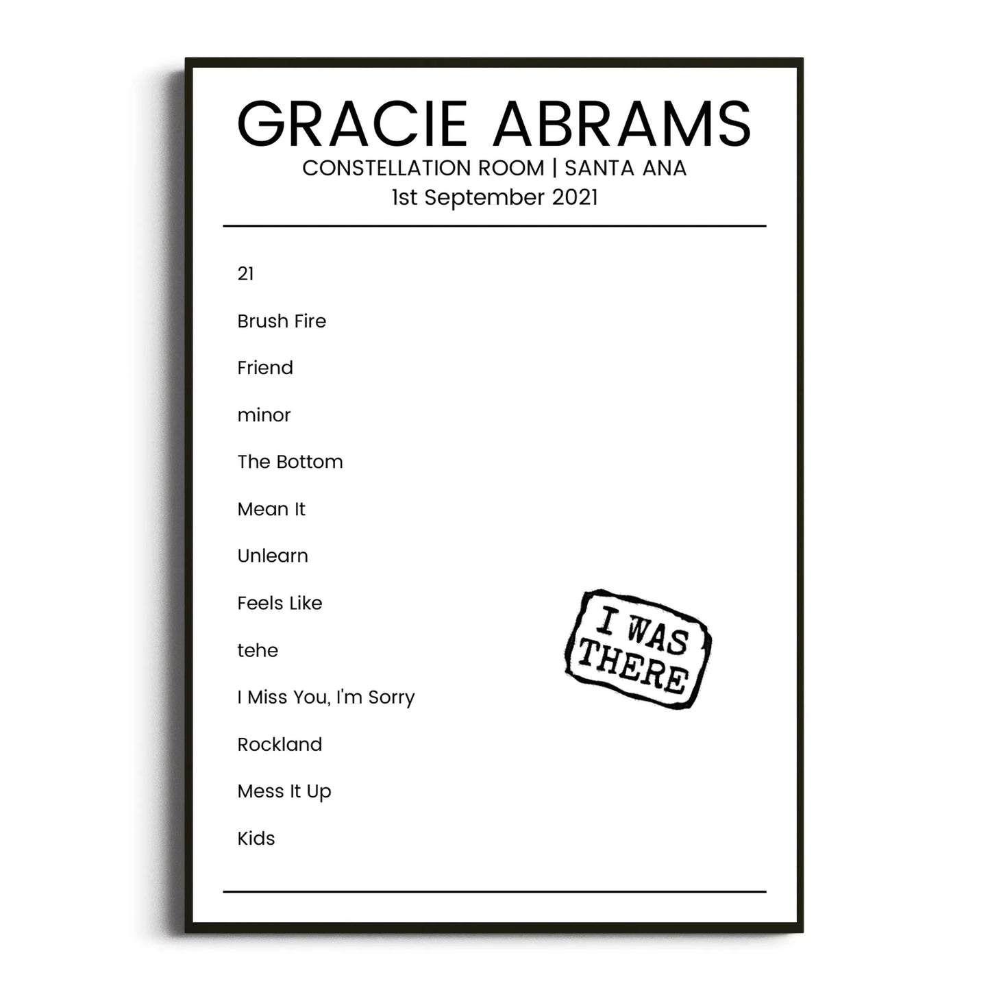 Gracie Abrams Santa Ana 01 September 2021 Setlist Poster