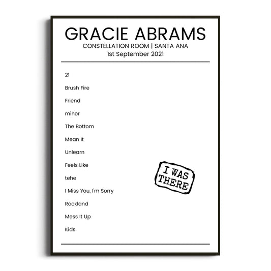 Gracie Abrams Santa Ana 01 September 2021 Setlist Poster