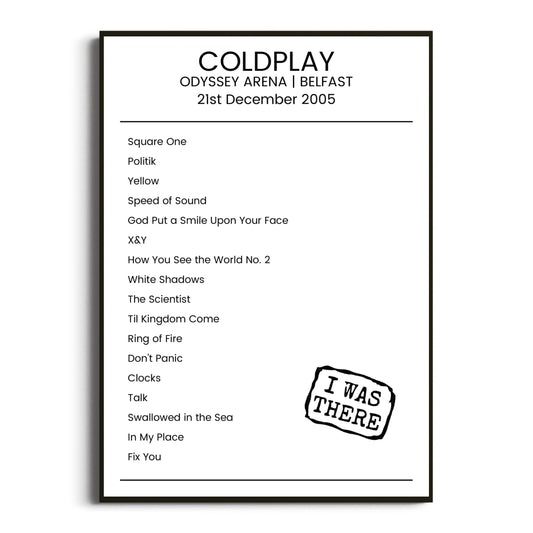 Coldplay Belfast 21 December 2005 Setlist Poster