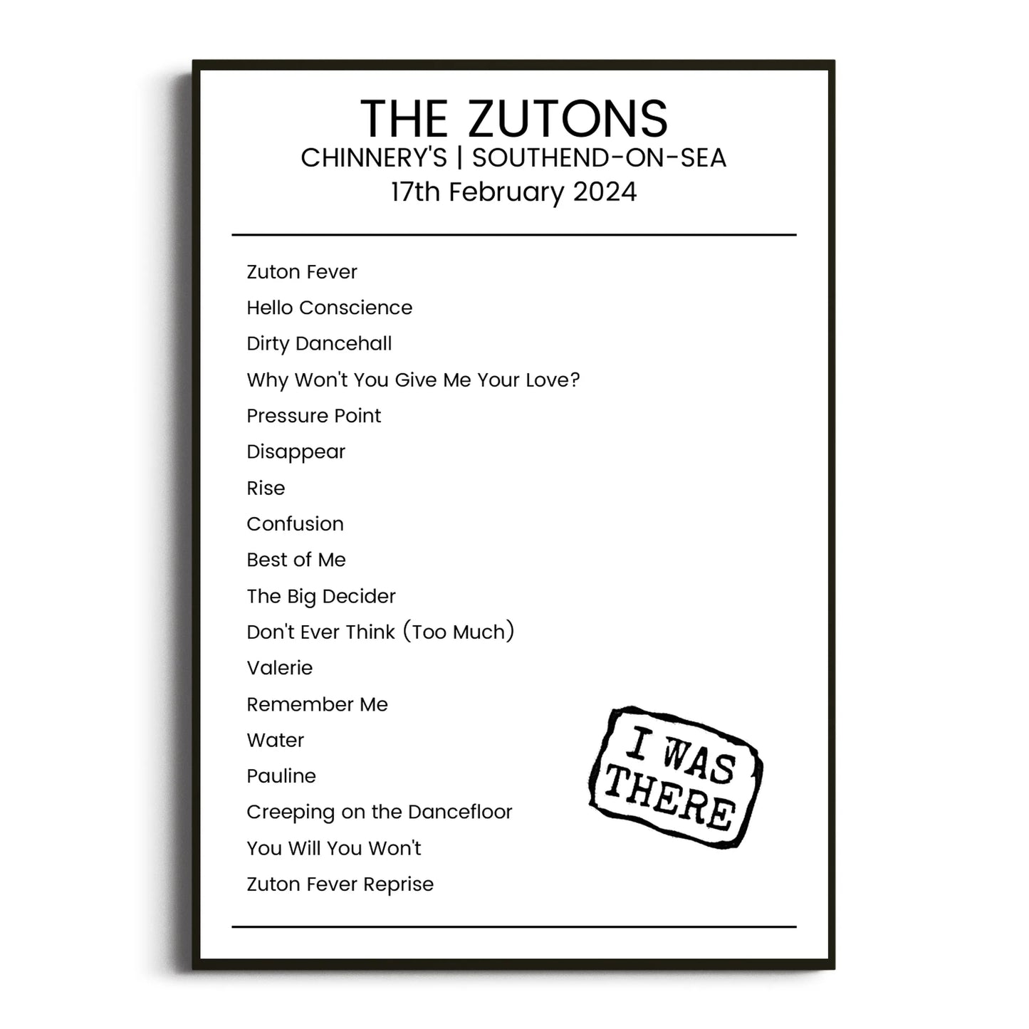 The Zutons Southend-on-Sea 17 February 2024 Setlist Poster