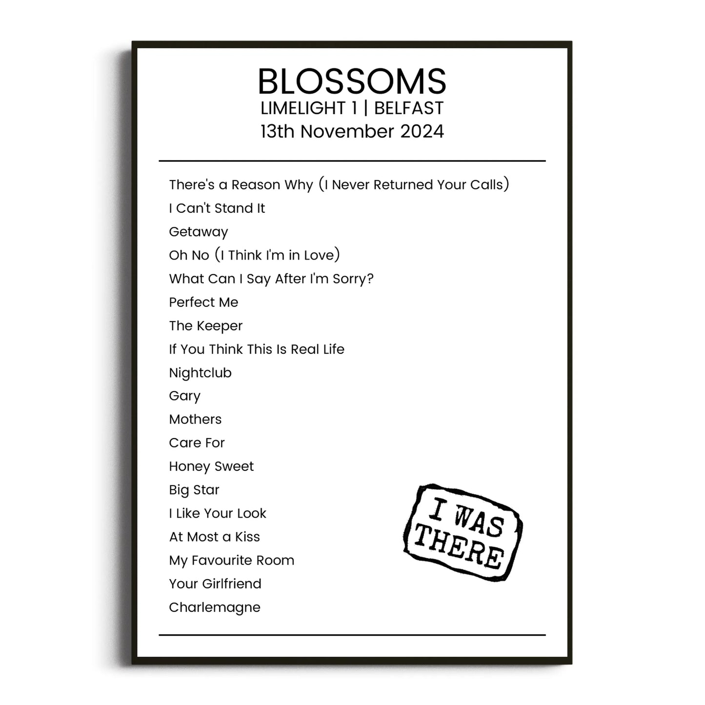 Blossoms Belfast 13 November 2024 Setlist Poster