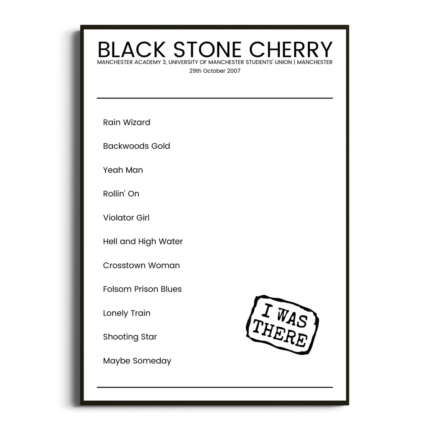 Black Stone Cherry Manchester 29 October 2007 Setlist Poster