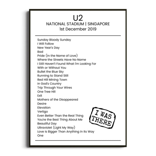 U2 Singapore 01 December 2019 Setlist Poster