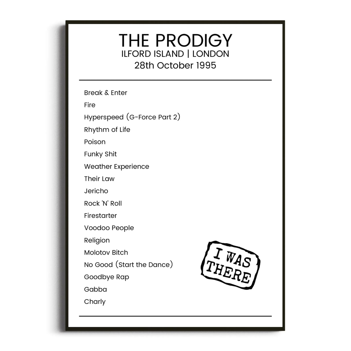 The Prodigy London 28 October 1995 Setlist Poster