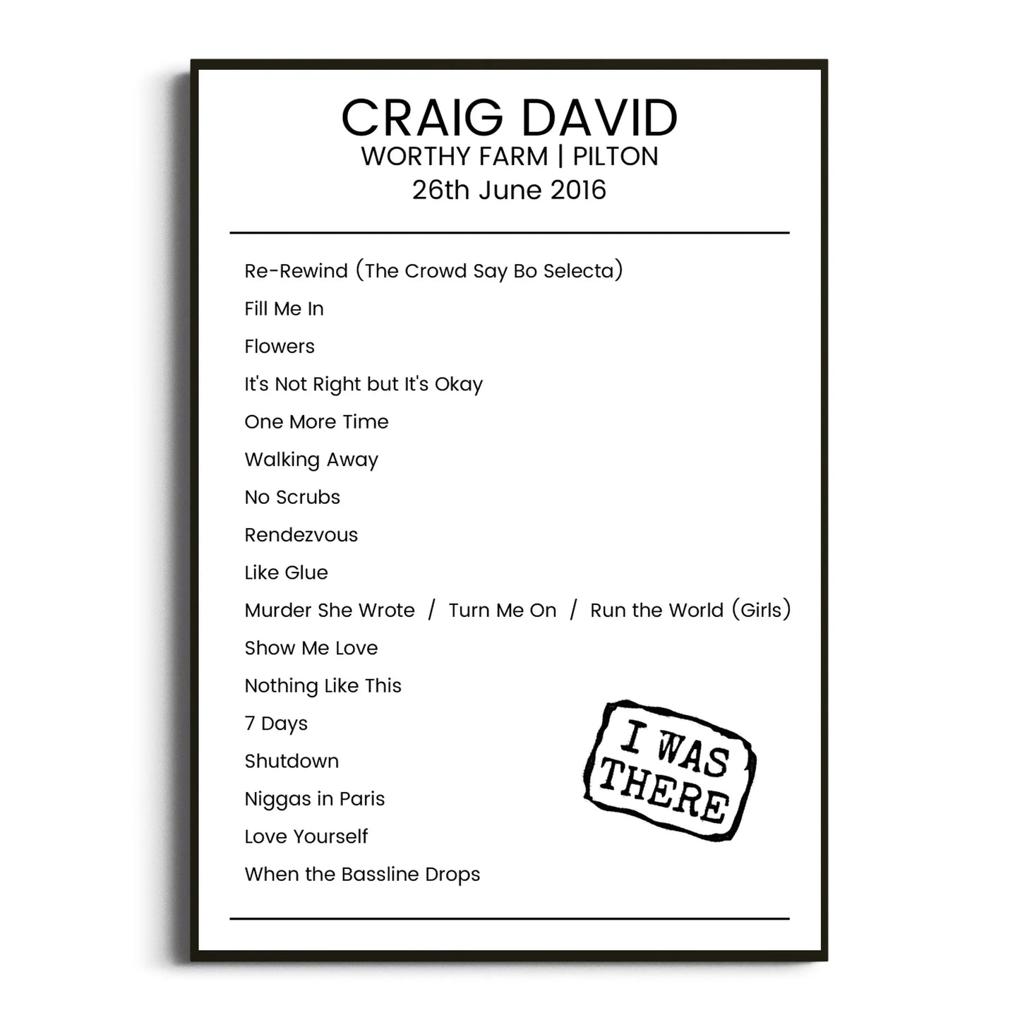 Craig David Pilton 26 June 2016 Setlist Poster