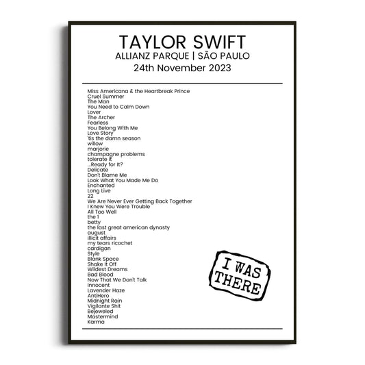 Taylor Swift São Paulo 24 November 2023 Setlist Poster