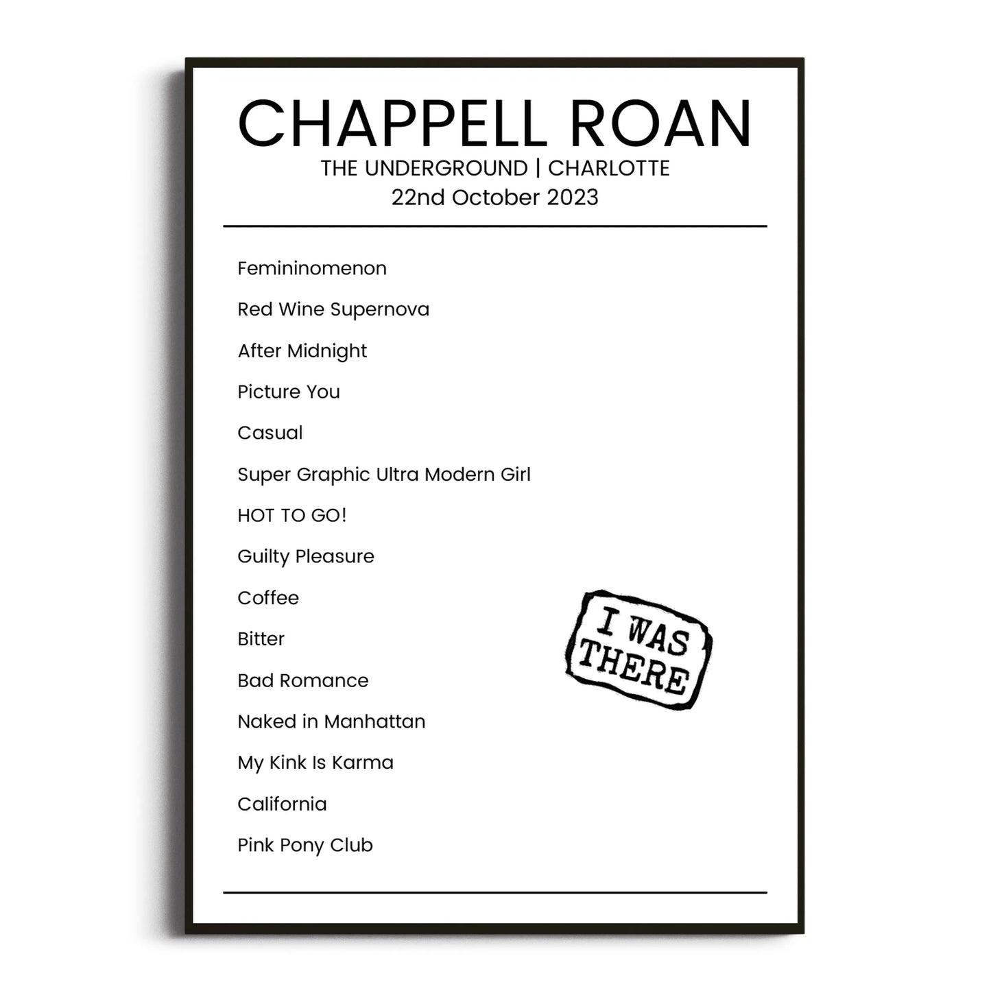 Chappell Roan Charlotte 22 October 2023 Setlist Poster