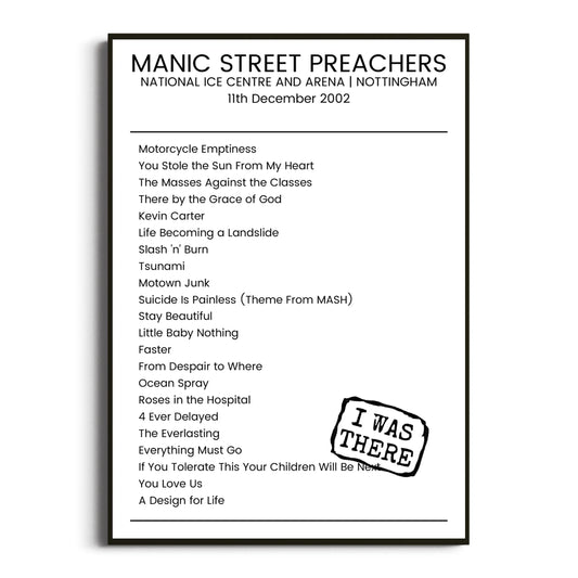 Manic Street Preachers Nottingham 11 December 2002 Setlist Poster