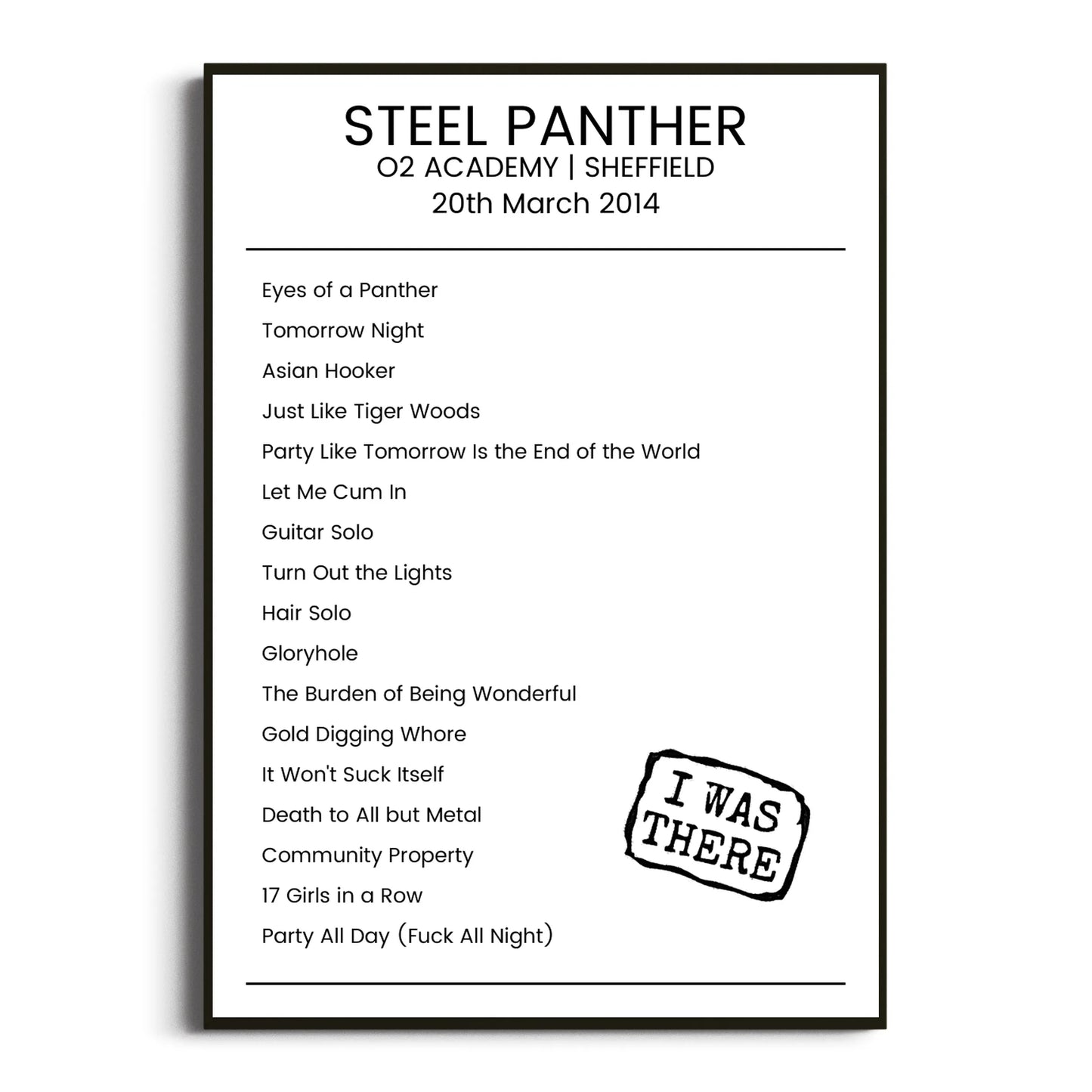 Steel Panther Sheffield 20 March 2014 Setlist Poster