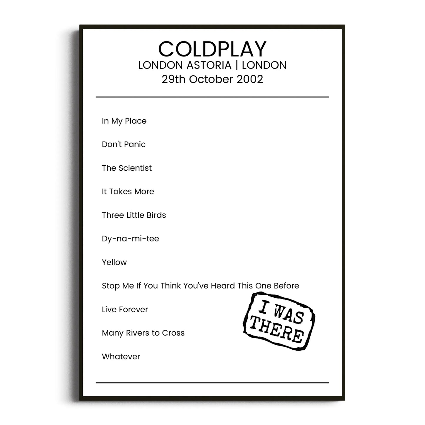 Coldplay London 29 October 2002 Setlist Poster