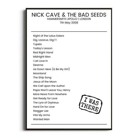 Nick Cave & the Bad Seeds London 07 May 2008 Setlist Poster