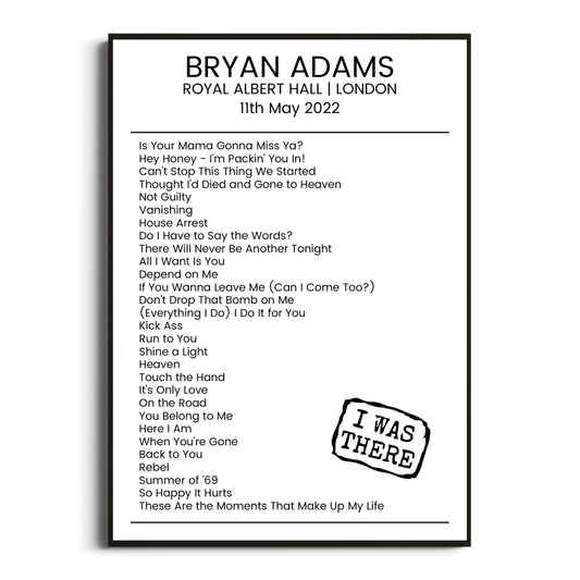 Bryan Adams London 11 May 2022 Setlist Poster