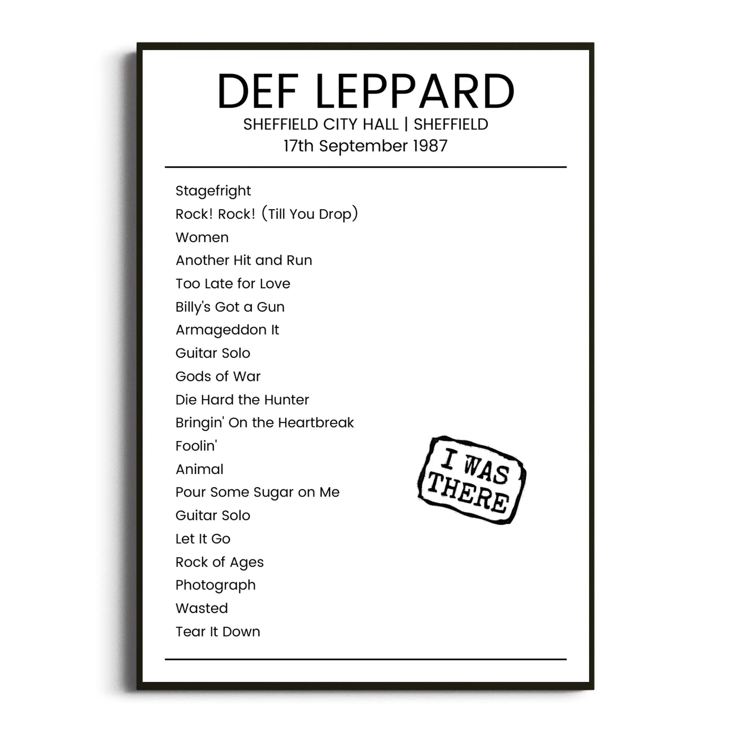 Def Leppard Sheffield 17 September 1987 Setlist Poster