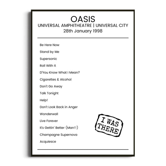 Oasis Universal City 28 January 1998 Setlist Poster