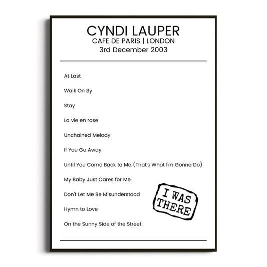 Cyndi Lauper London 03 December 2003 Setlist Poster