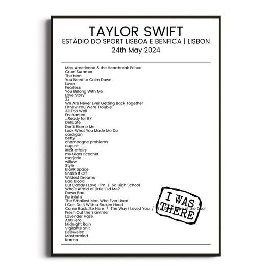 Taylor Swift Lisbon 24 May 2024 Setlist Poster