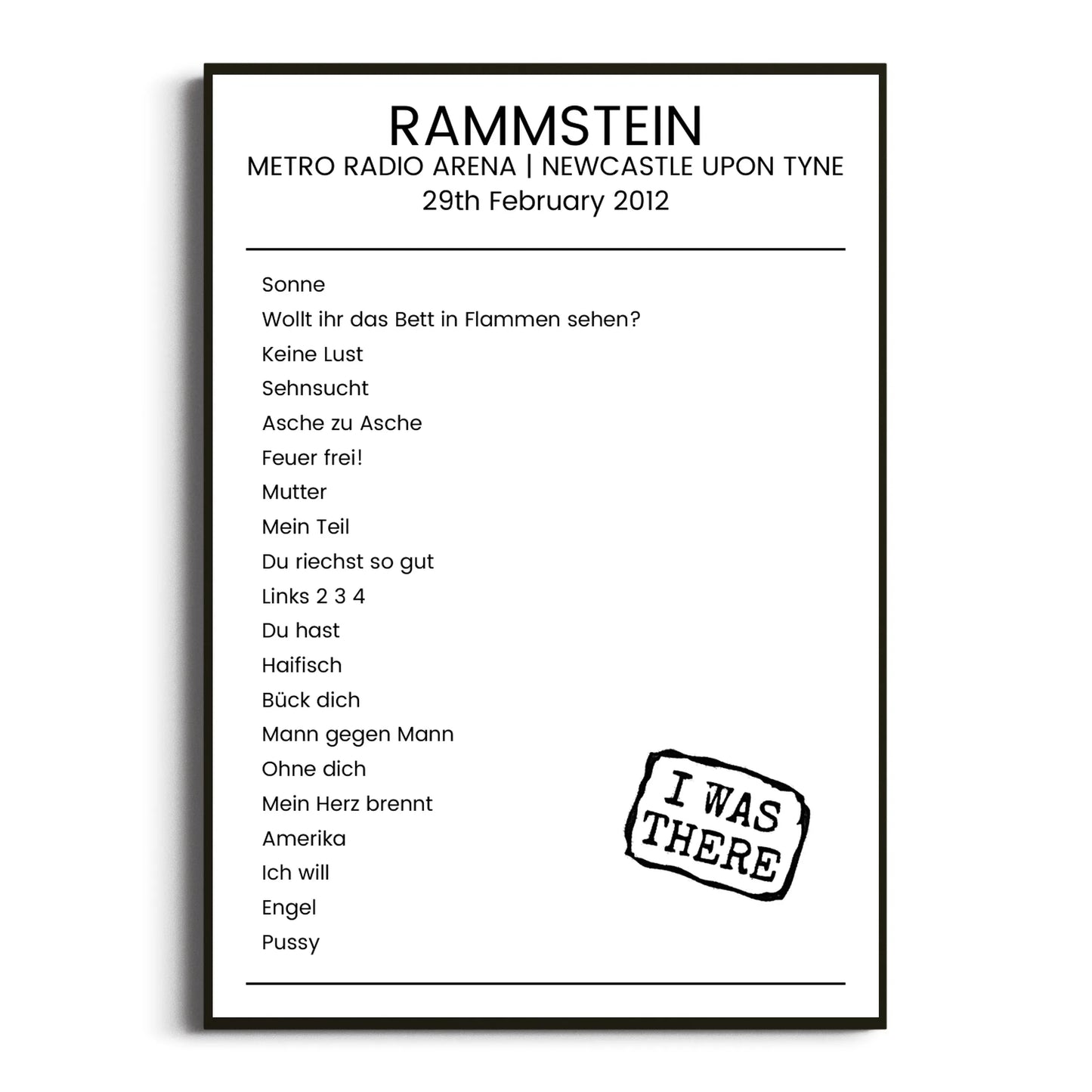 Rammstein Newcastle upon Tyne 29 February 2012 Setlist Poster