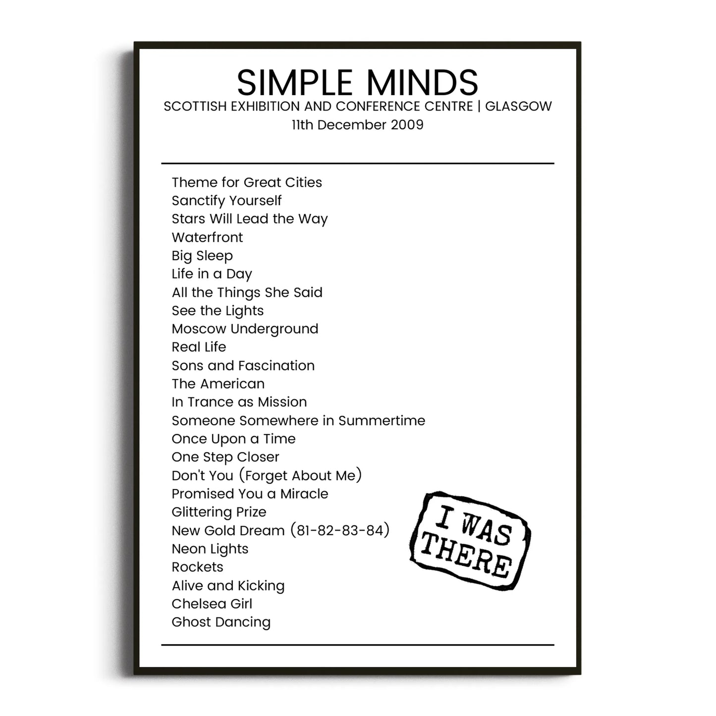 Simple Minds Glasgow 11 December 2009 Setlist Poster