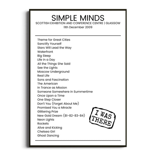 Simple Minds Glasgow 11 December 2009 Setlist Poster