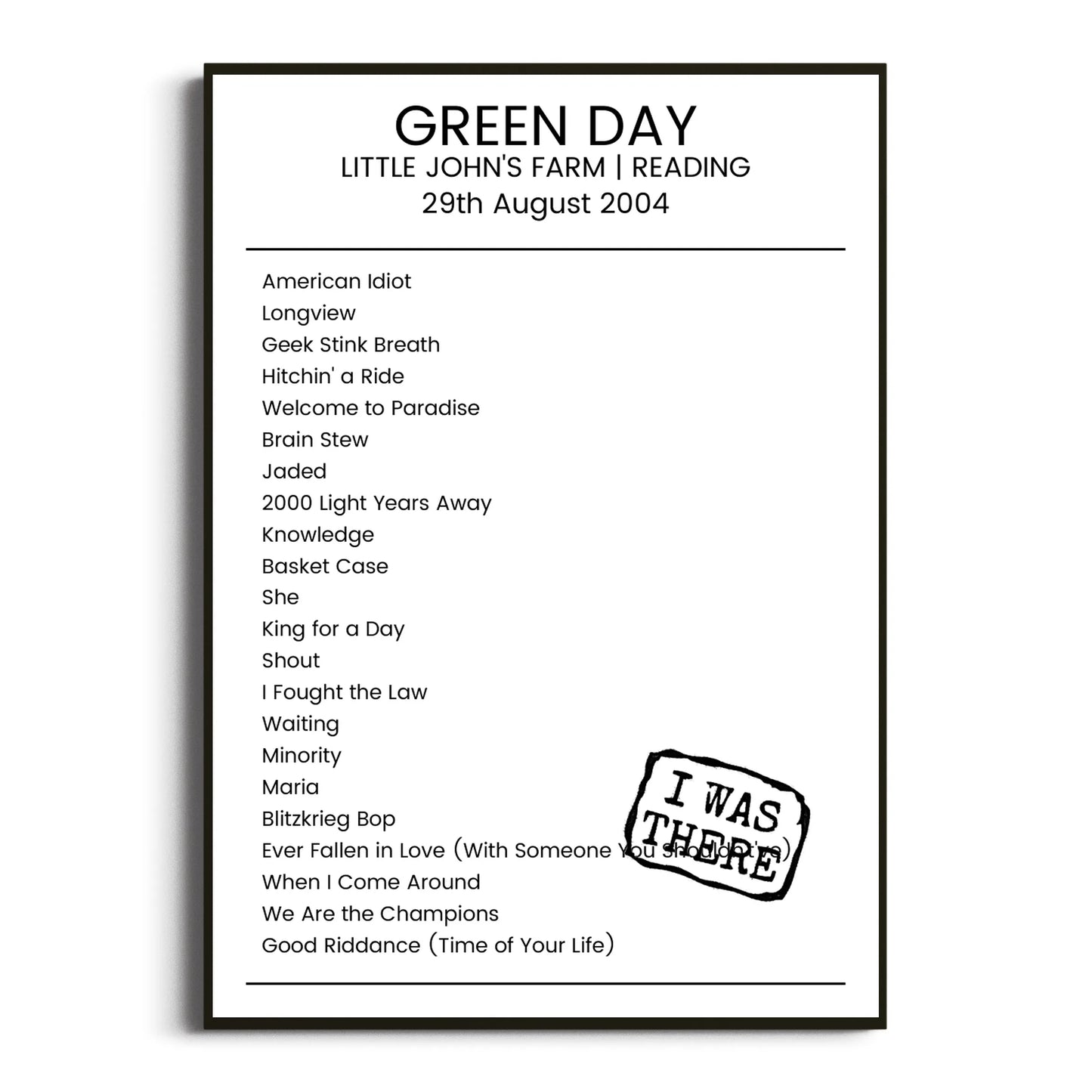 Green Day Reading 29 August 2004 Setlist Poster