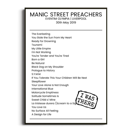 Manic Street Preachers Liverpool 30 May 2019 Setlist Poster