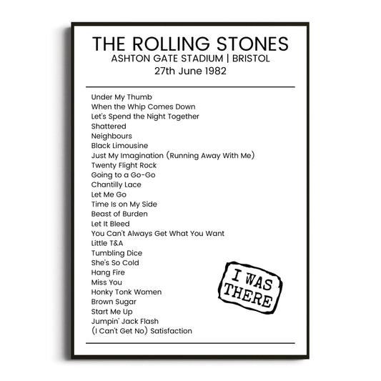 The Rolling Stones Bristol 27 June 1982 Setlist Poster