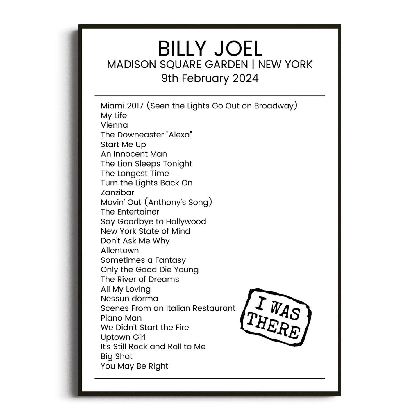 Billy Joel New York 09 February 2024 Setlist Poster