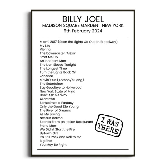 Billy Joel New York 09 February 2024 Setlist Poster