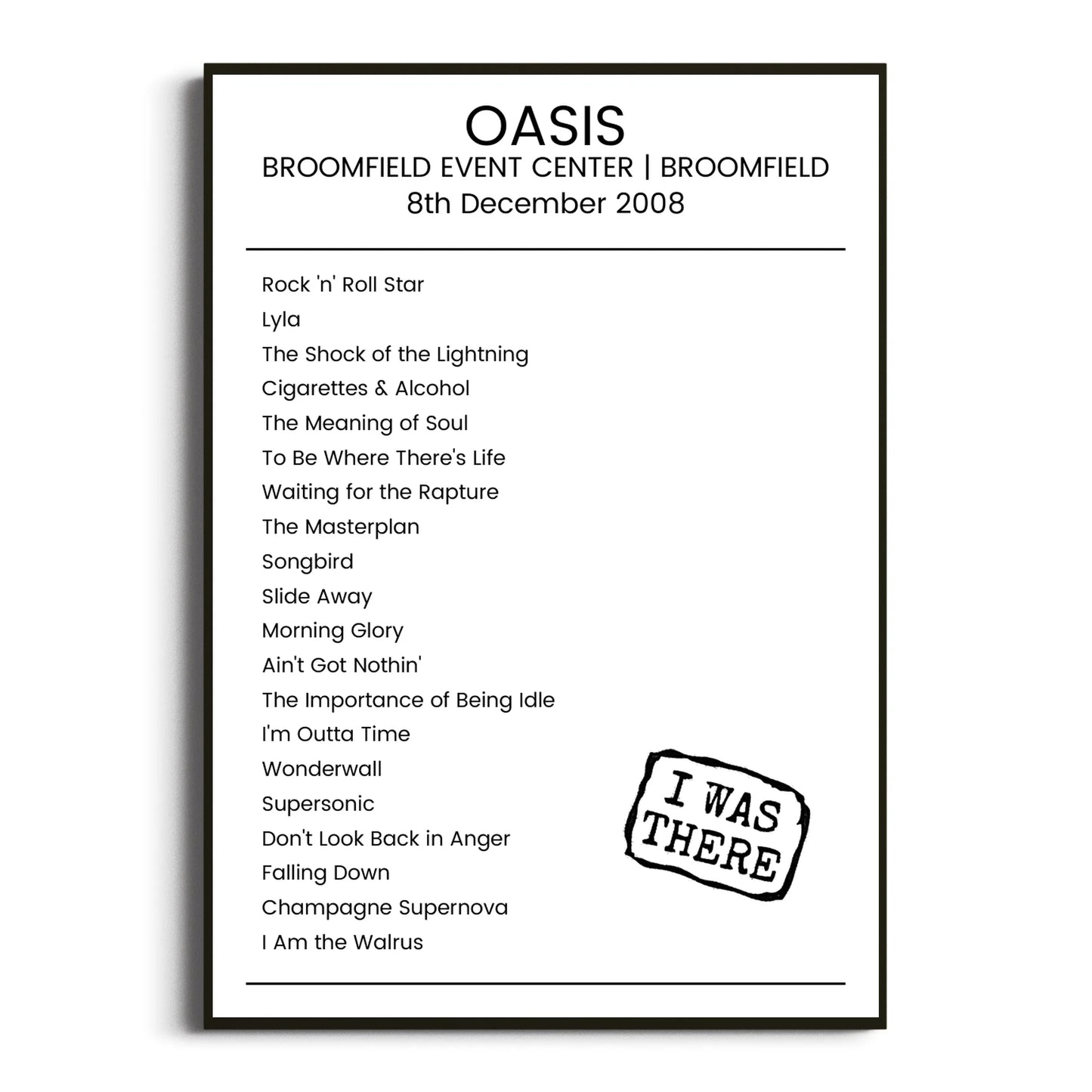 Oasis Broomfield 08 December 2008 Setlist Poster