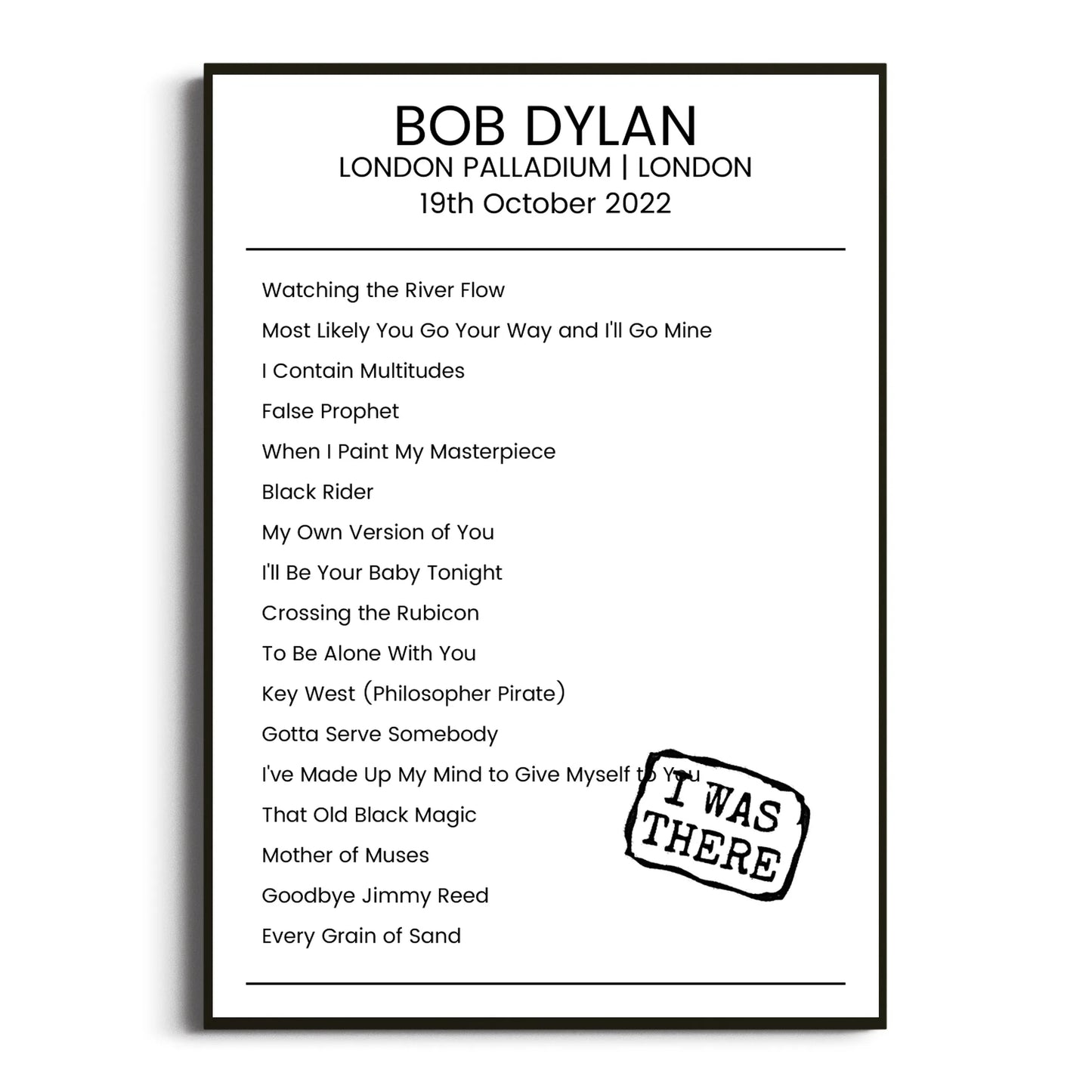 Bob Dylan London 19 October 2022 Setlist Poster