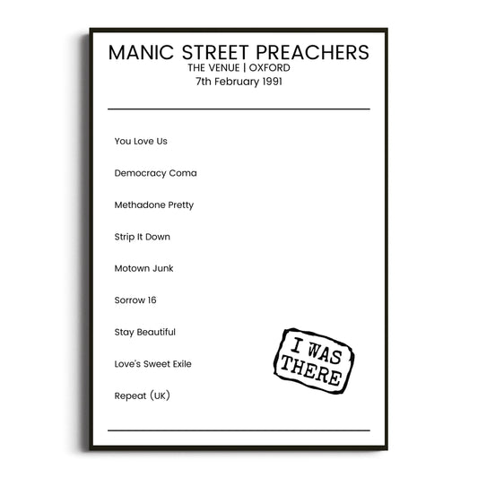 Manic Street Preachers Oxford 07 February 1991 Setlist Poster