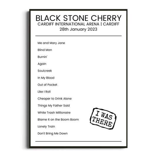 Black Stone Cherry Cardiff 28 January 2023 Setlist Poster