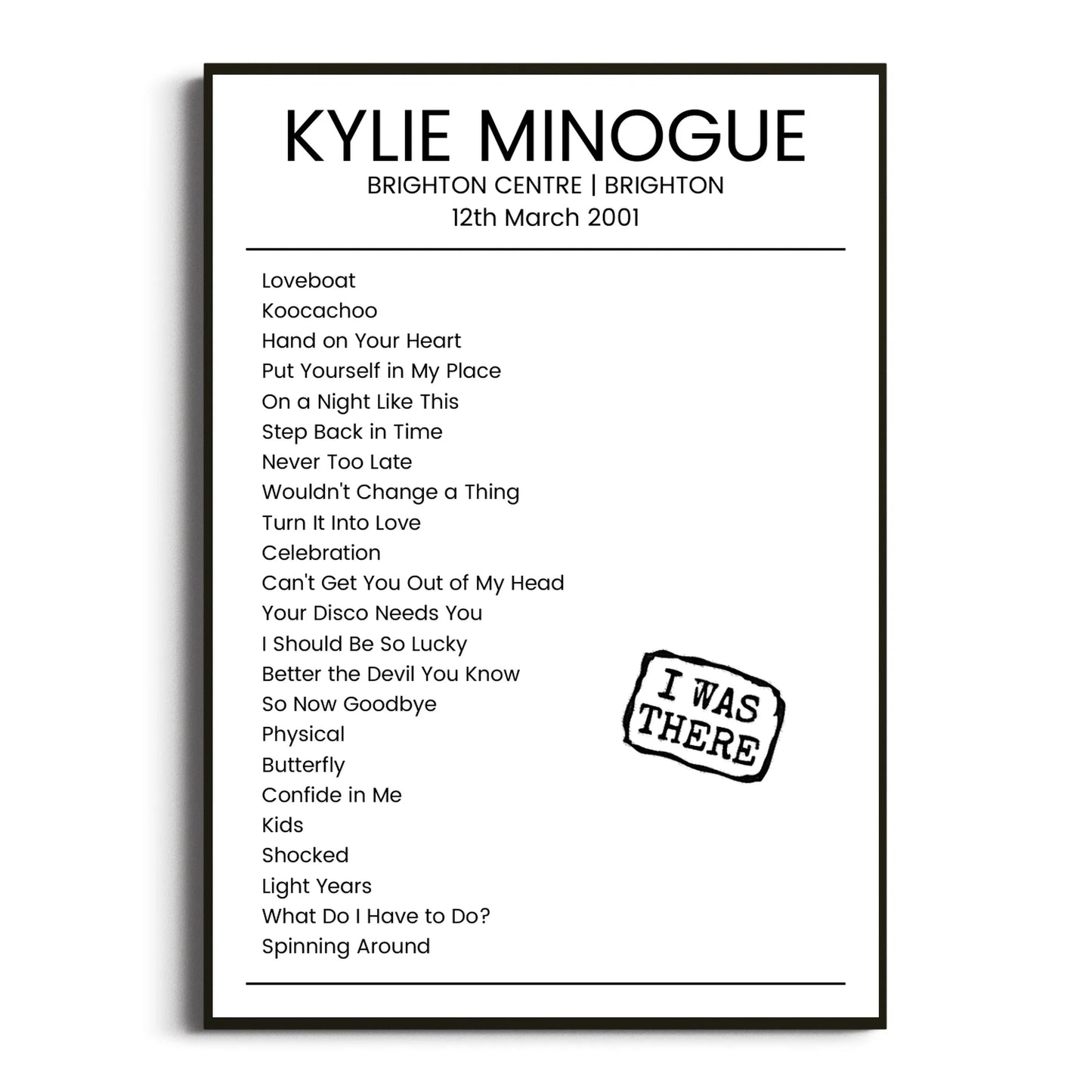 Kylie Minogue Brighton 12 March 2001 Setlist Poster