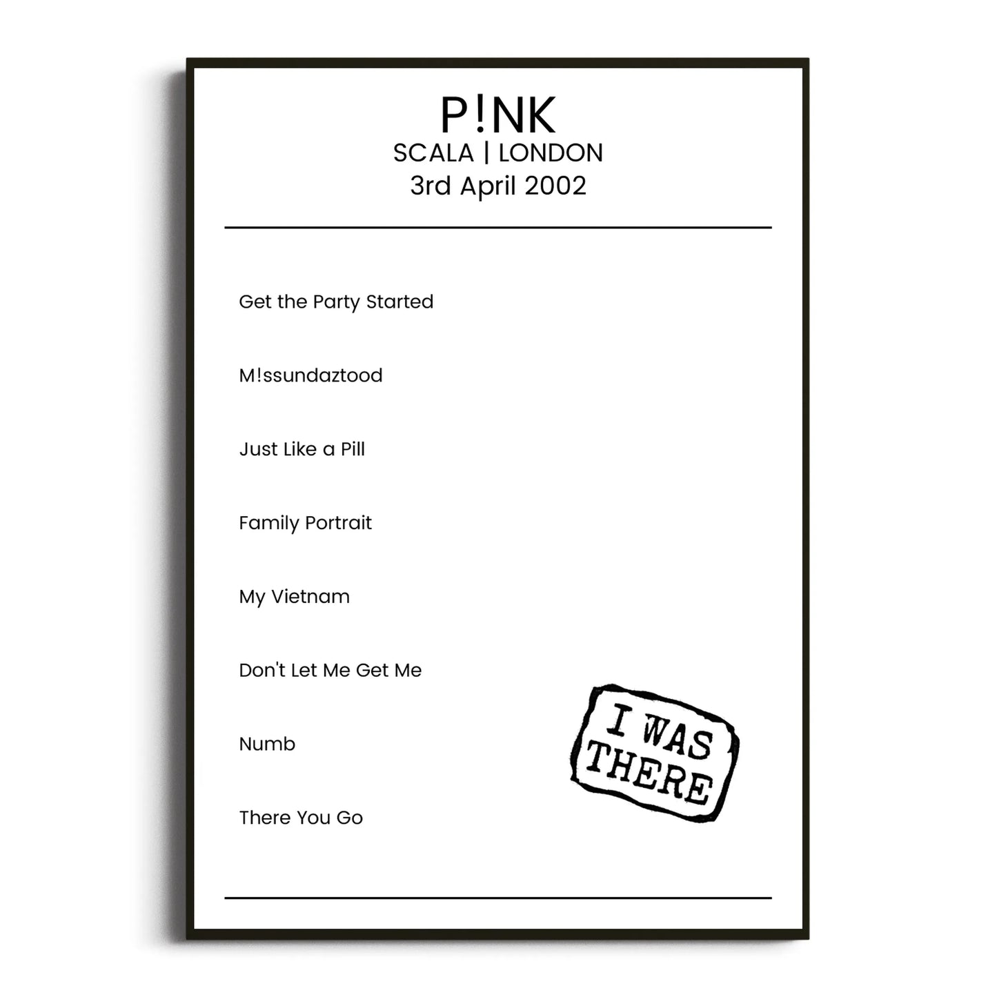 P!nk London 03 April 2002 Setlist Poster