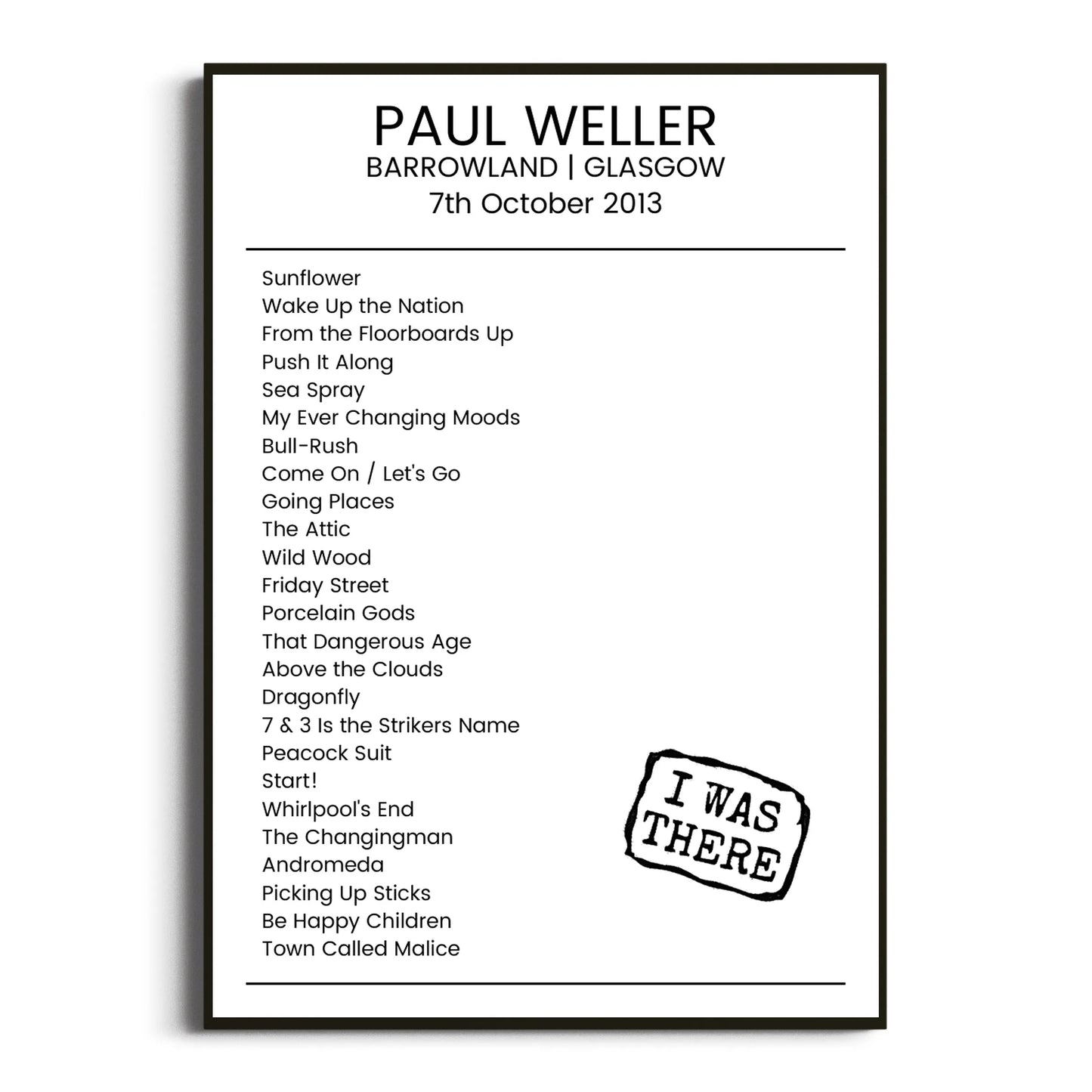 Paul Weller Glasgow 07 October 2013 Setlist Poster