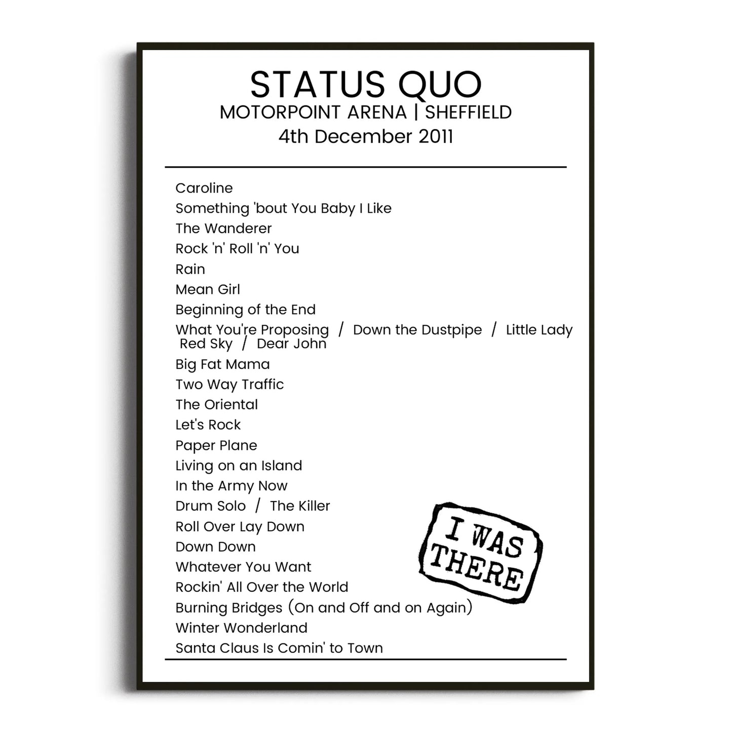 Status Quo Sheffield 04 December 2011 Setlist Poster