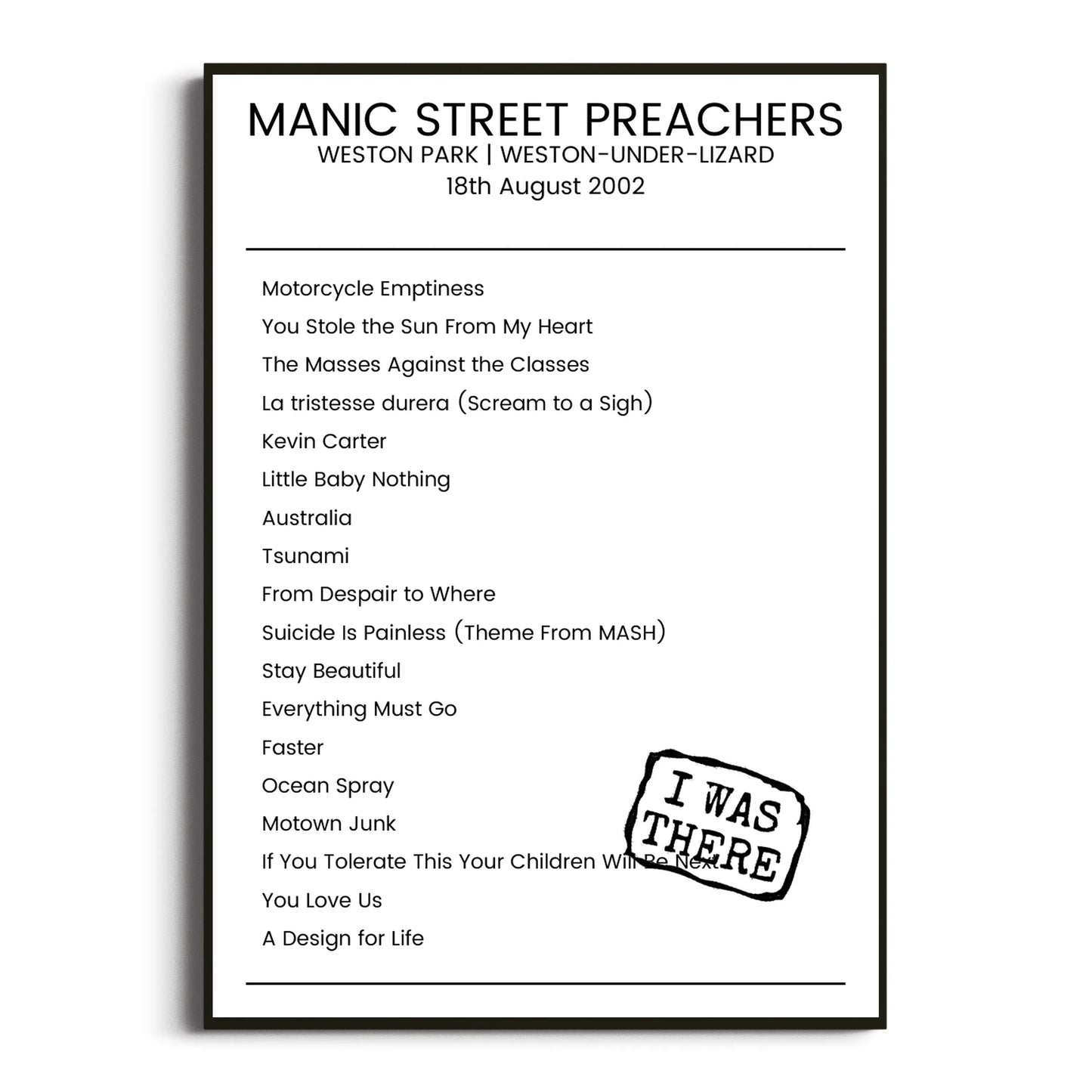 Manic Street Preachers Weston-under-Lizard 18 August 2002 Setlist Poster