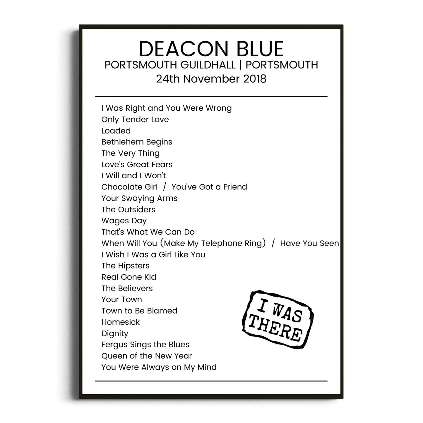 Deacon Blue Portsmouth 24 November 2018 Setlist Poster