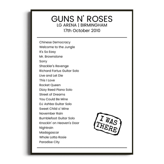 Guns N’ Roses Birmingham 17 October 2010 Setlist Poster