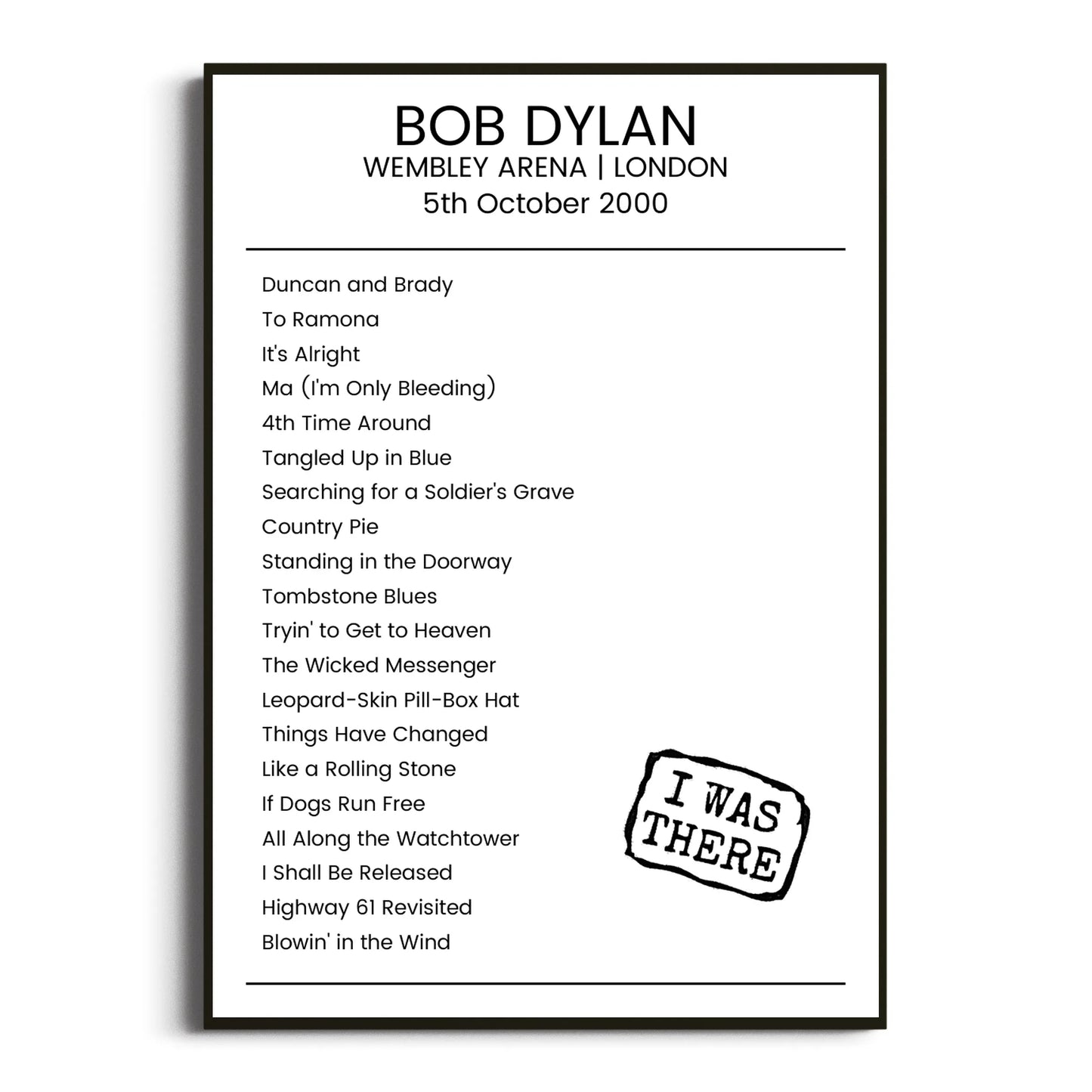 Bob Dylan London 05 October 2000 Setlist Poster