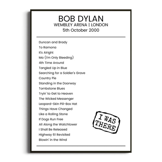 Bob Dylan London 05 October 2000 Setlist Poster