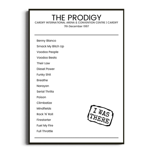 The Prodigy Cardiff 07 December 1997 Setlist Poster