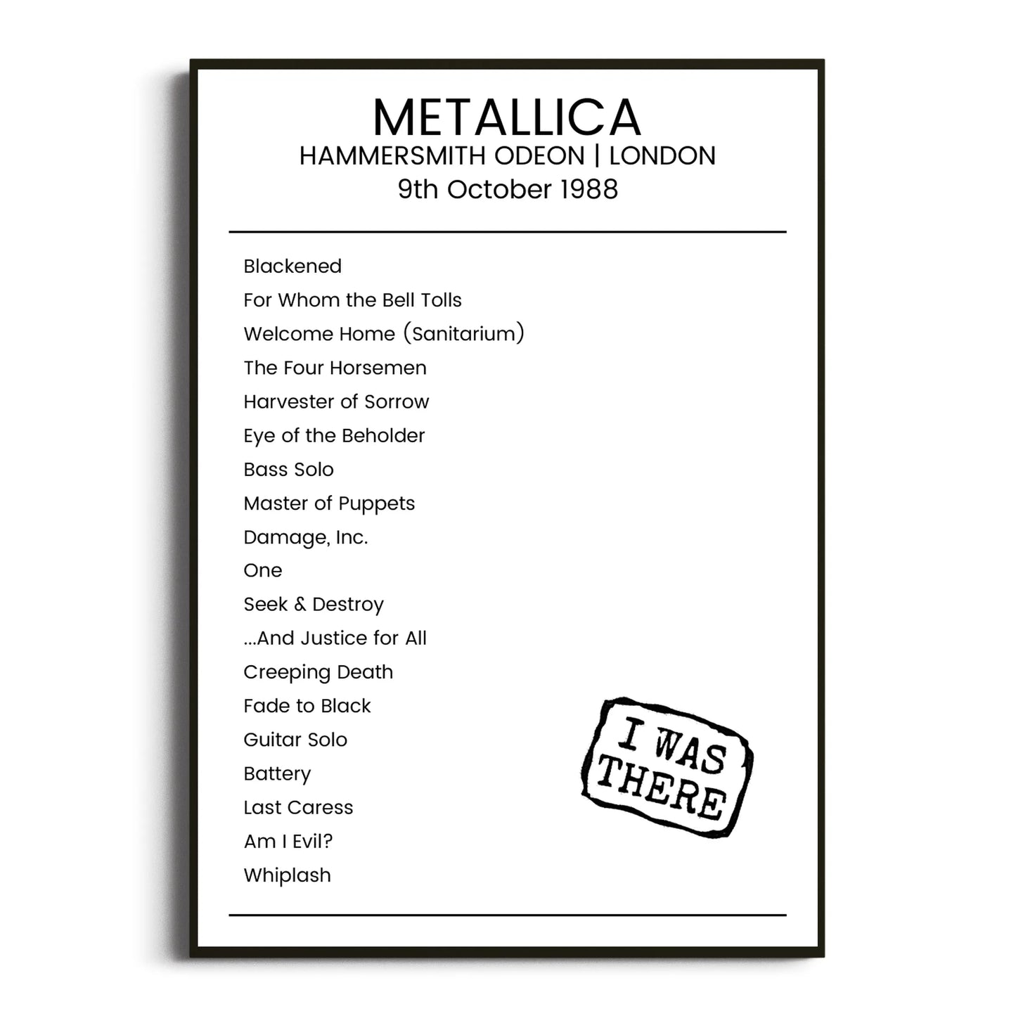 Metallica London 09 October 1988 Setlist Poster