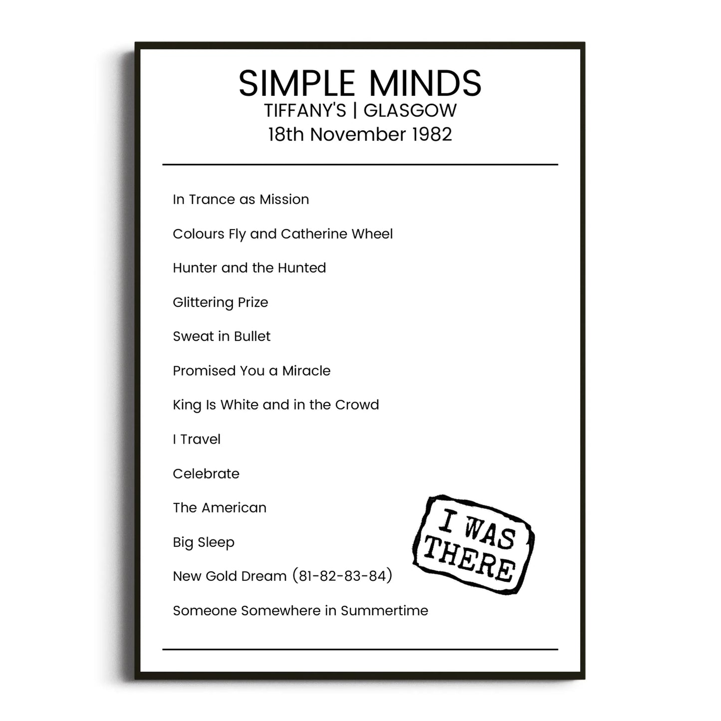 Simple Minds Glasgow 18 November 1982 Setlist Poster