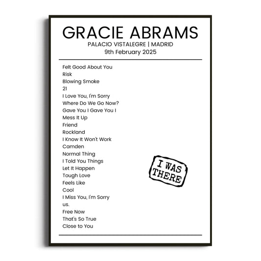 Gracie Abrams Madrid 09 February 2025 Setlist Poster