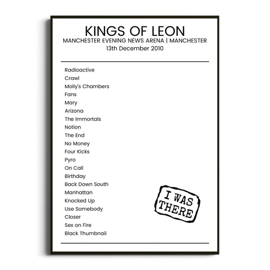 Kings of Leon Manchester 13 December 2010 Setlist Poster