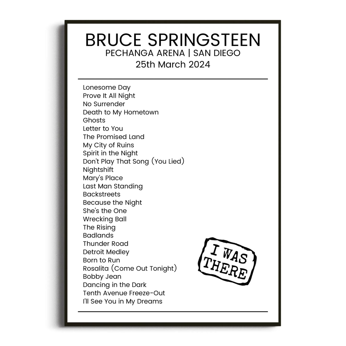 Bruce Springsteen San Diego 25 March 2024 Setlist Poster