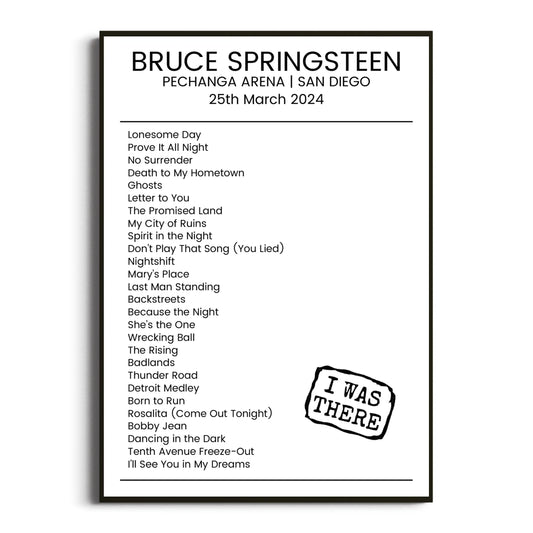 Bruce Springsteen San Diego 25 March 2024 Setlist Poster